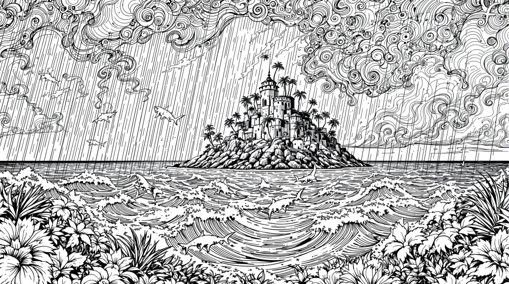 荒れ狂う嵐の海に浮かぶ城の島 - 繊細で迫力満点の大人の塗り絵