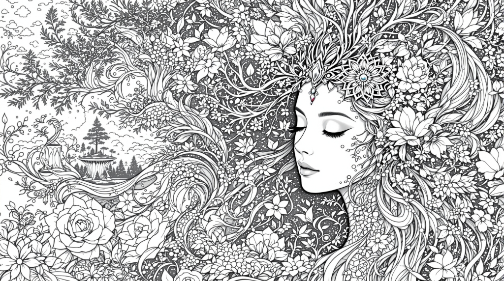 A mystical Mother Nature goddess coloring page featuring an ethereal portrait with intricate botanical elements and dreamlike landscape transformations.