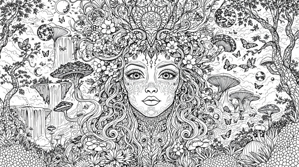 An intricate Mother Nature coloring page featuring an ethereal goddess with open eyes in a surreal dreamscape.