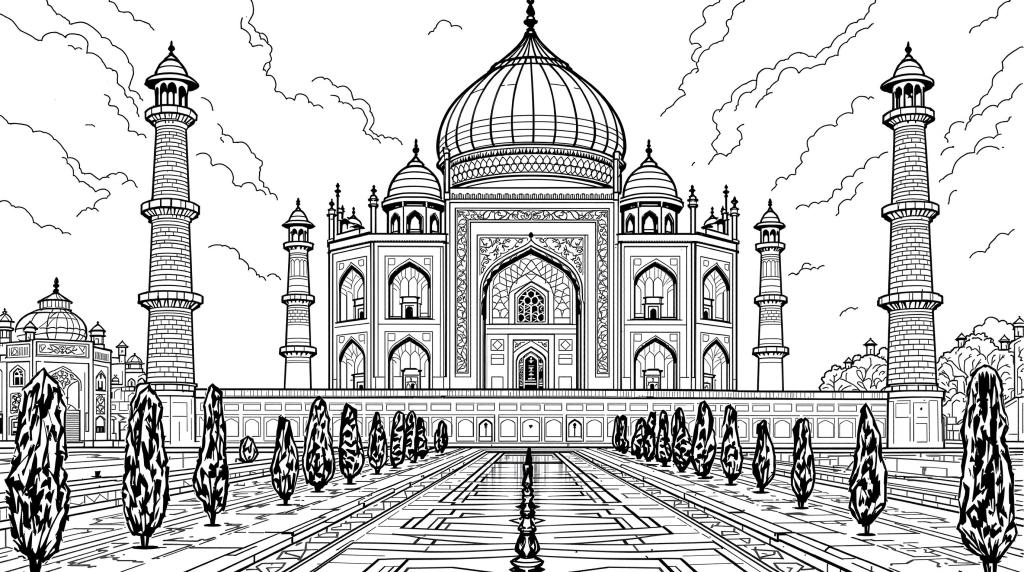 タージ・マハル上級者向け塗り絵 - 奥行きのある遠近法と精緻な建築ディテール