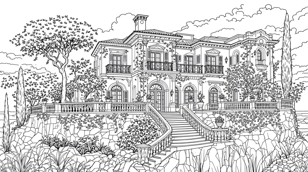 優雅なイタリアの別荘の塗り絵 - 華麗な建築と段々庭園の精密な大人向けぬりえ