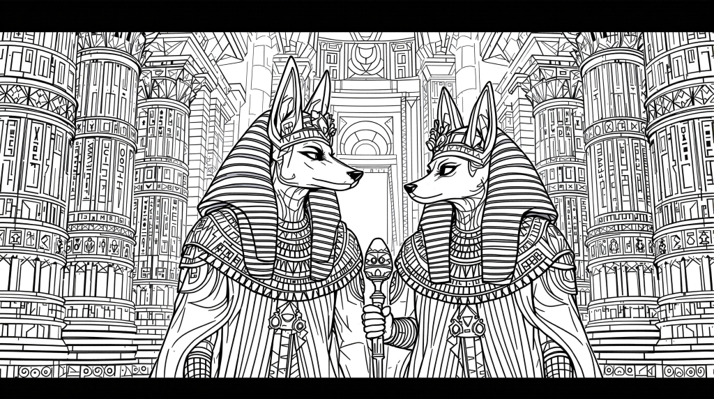 古代エジプト神殿の玉座の間に描かれたアヌビスとアンプトの精緻な大人の塗り絵