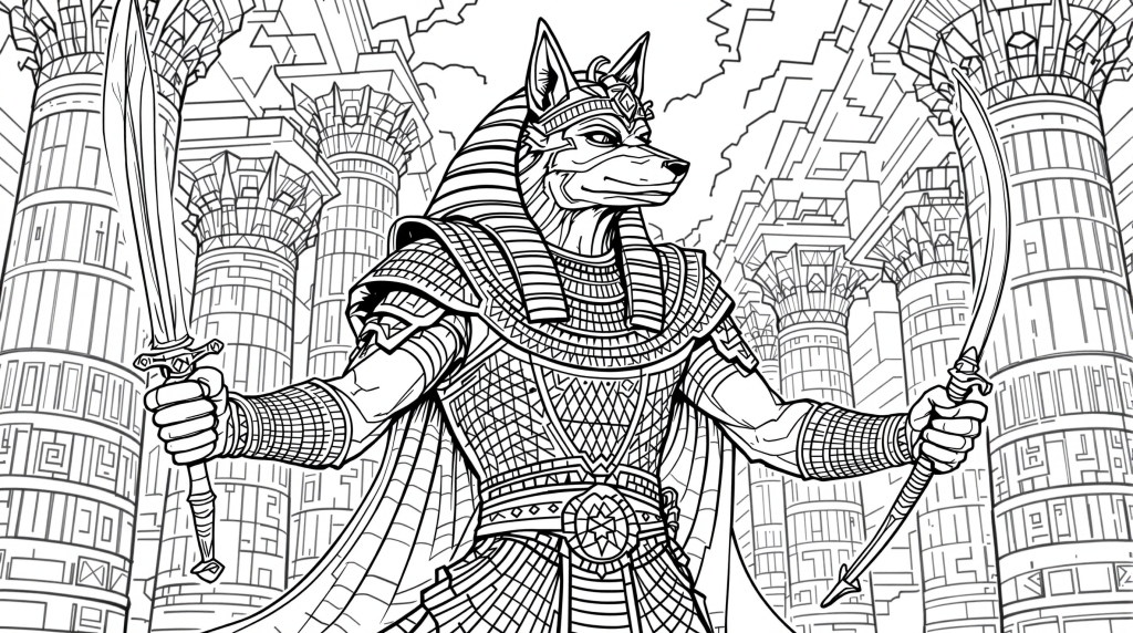 ウェプワウェト エジプト神話の狼神 精巧な鎧と儀式用杖が描かれた装飾柱付き大人の塗り絵