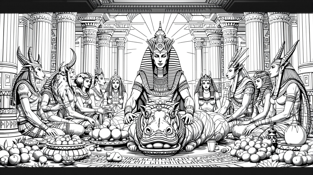 エジプトの神ラーと神々の祝宴シーン - 宮殿での神聖な儀式を描いた精密な大人の塗り絵