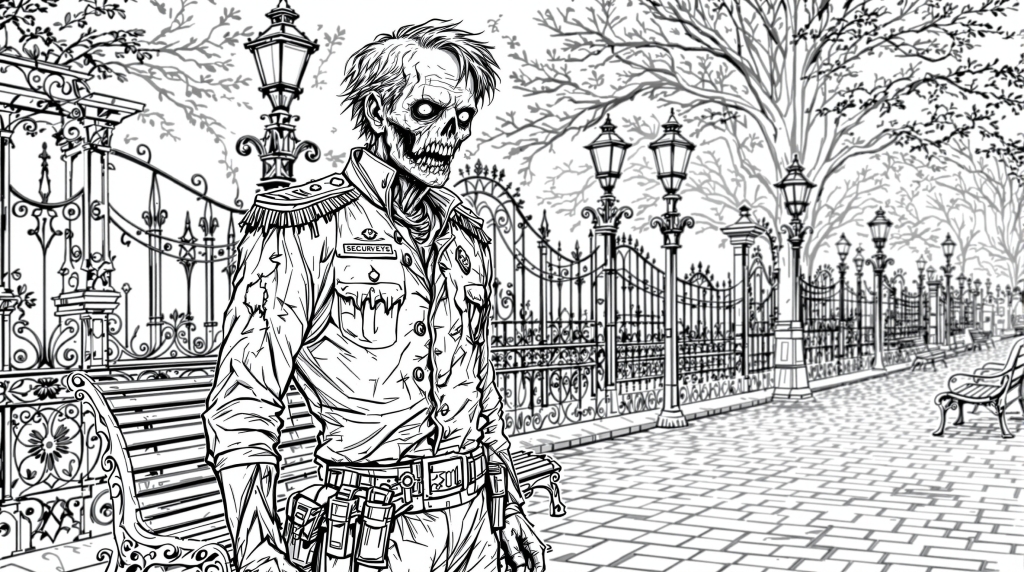 En detaljeret zombie sikkerhedsvagt farvelægningsside i en atmosfærisk viktoriansk park med udsmykkede jernporte og nøgne vintrtræer.