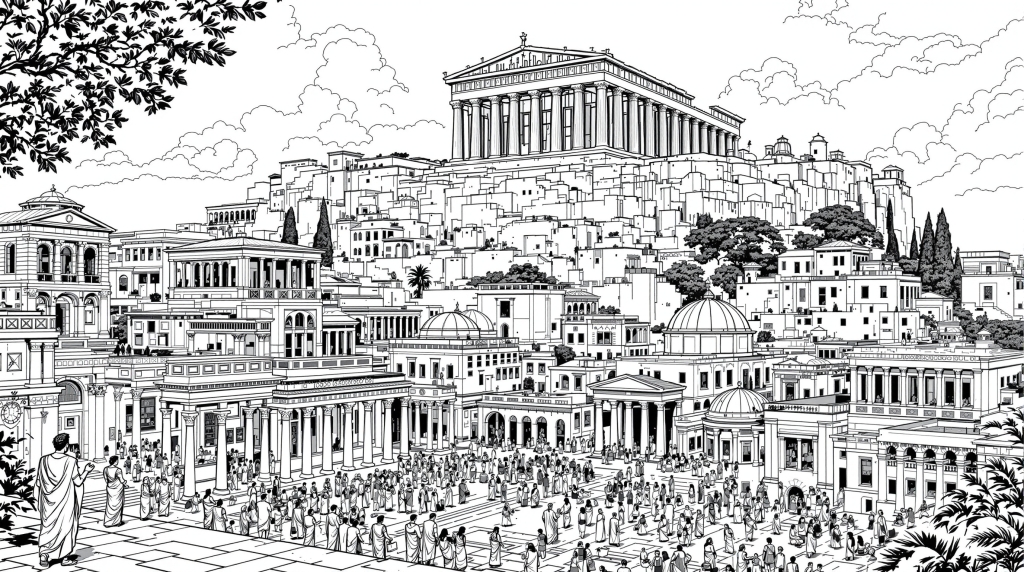 パルテノン神殿と古代ギリシャ建築が美しい古代アテネの街並み塗り絵 - 当時の衣装を着た人物も描かれた精密なデザイン