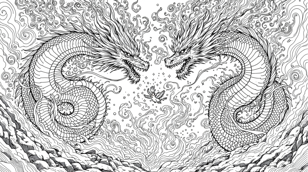 Two majestic Chinese dragons symmetrically positioned around a mystical pearl in traditional Asian art style coloring page.