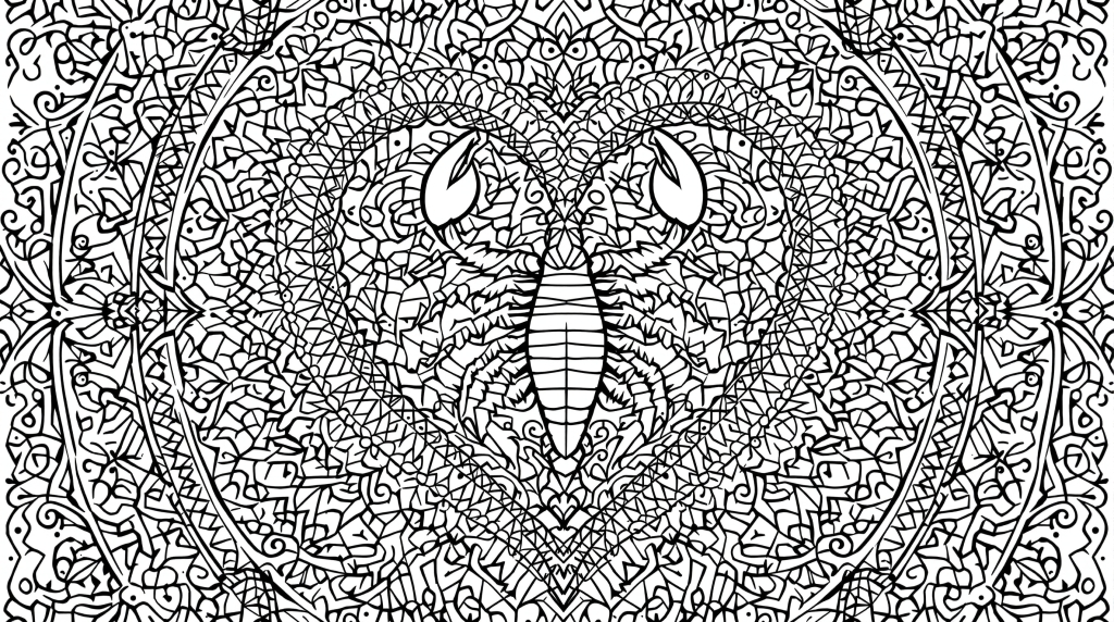 蠍をモチーフにした精緻なマンダラ塗り絵 - アーチ型フレームと華麗な花模様のデザイン