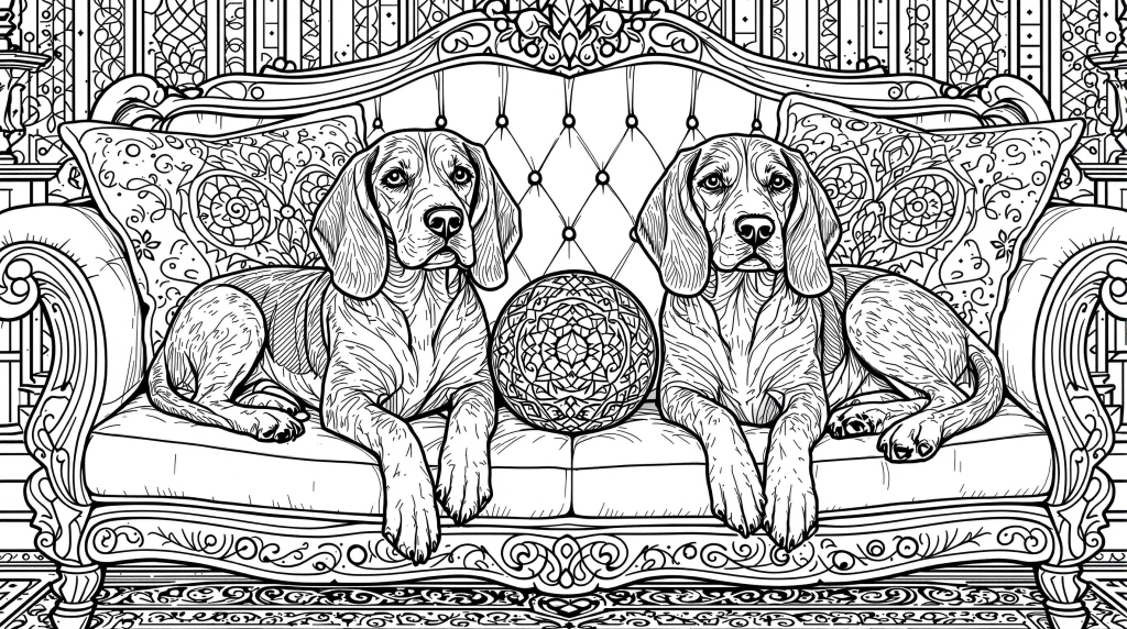 Farvelægningsside med to beagle-hunde, der slapper af på en rigt udsmykket viktoriansk sofa med en dekorativ bold til avancerede farvelæggere.