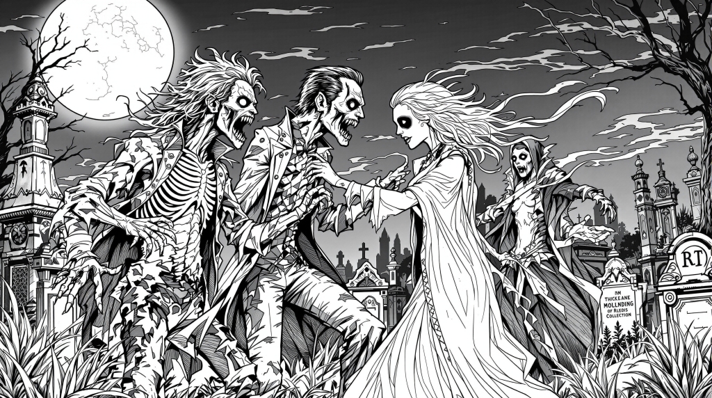 月夜の墓地で踊る怪物たち - ゾンビ、ヴァンパイア、狼男、ゴーストとビクトリア様式の墓石を描いた大人の塗り絵
