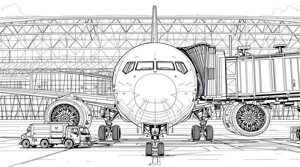 A detailed airport terminal coloring page featuring a commercial aircraft at the gate with passenger bridge and ground vehicles.