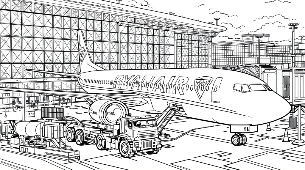 A detailed airport terminal coloring page featuring a Ryanair Boeing 737 MAX 8 aircraft at the gate with passenger boarding bridge and fuel truck.