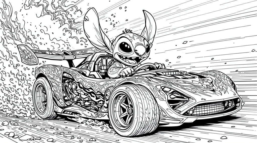 Advanced coloring page featuring Stitch from Disney driving a detailed Hot Wheels racing car with intricate flame decals and mechanical components.