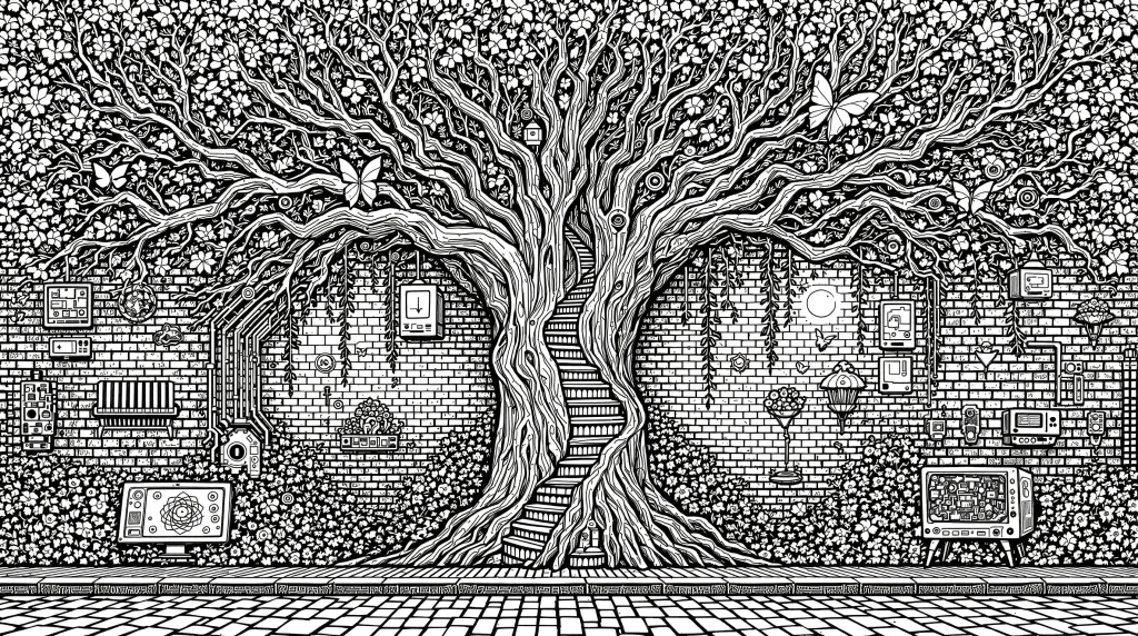 En surrealistisk farveside for voksne med et organisk træ mod en murstensvæg med indrammet kunst.