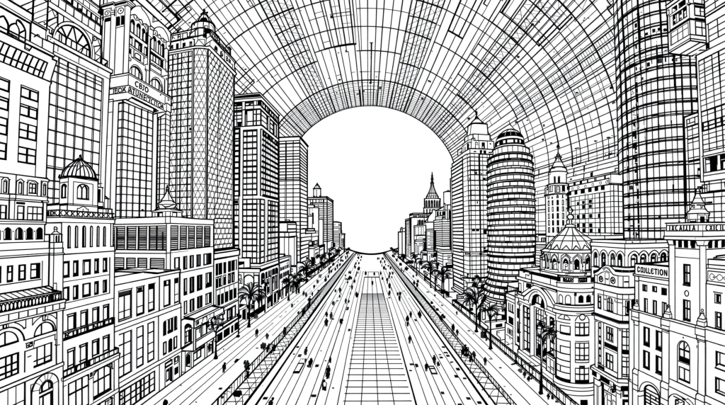 精密な遠近法で描かれた都市景観の大人の塗り絵 - 消失点に向かって収束する高層ビル群の劇的な都会の風景
