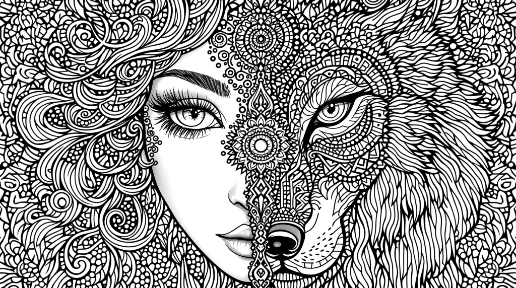 En intrikat delad-ansikte mandala färgläggningssida med en kvinna och varg med komplexa geometriska mönster.