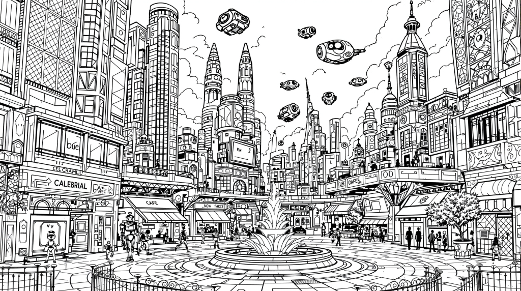 未来都市の塗り絵 - 高層ビル、空飛ぶ乗り物、ユーモラスなロボット市民が描かれた精密な大人向けぬりえ