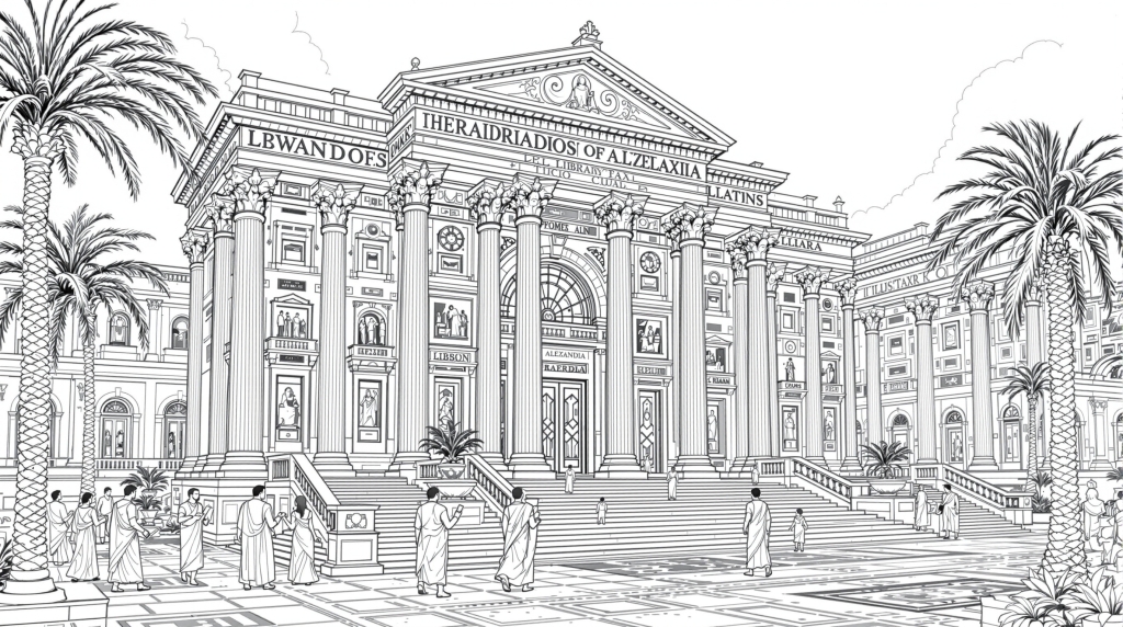 古代アレクサンドリア図書館の塗り絵 - 壮麗なギリシャ・ローマ建築と円柱が描かれた大人の塗り絵