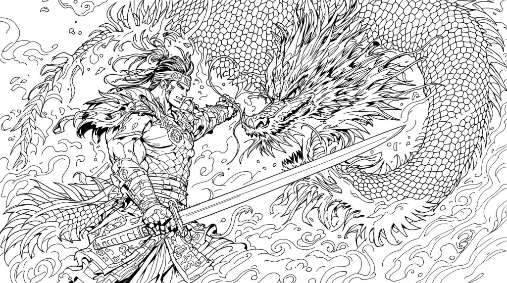 A masterful samurai warrior battles an epic dragon with his katana sword in this intricate adult coloring page.