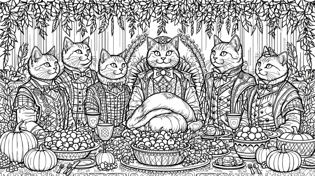 An elaborate Thanksgiving celebration coloring page featuring six ornately dressed cats gathered around a festive harvest feast table.