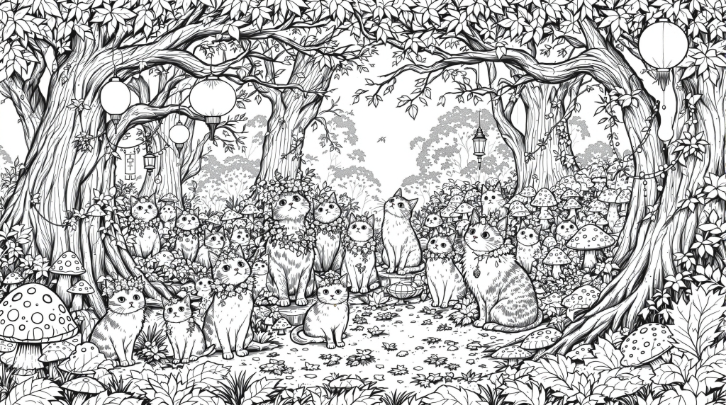 秋の森の猫祭り 大人の塗り絵 - 幻想的な森の中の猫たちとランタンが美しい緻密なぬりえ
