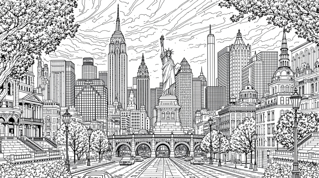ニューヨークの摩天楼を描いたパノラマ塗り絵 - ランドマークと建築ディテールが満載の大人向けぬりえ