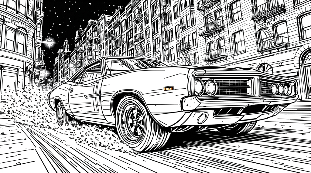 An intricate coloring page featuring a detailed 1970s muscle car speeding through a nighttime city street scene with a prominent full moon backdrop.