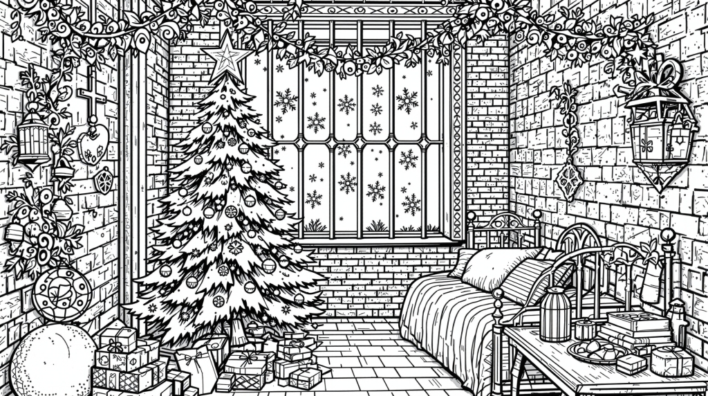 A cozy Christmas home interior coloring page featuring elaborate decorations and festive holiday details.