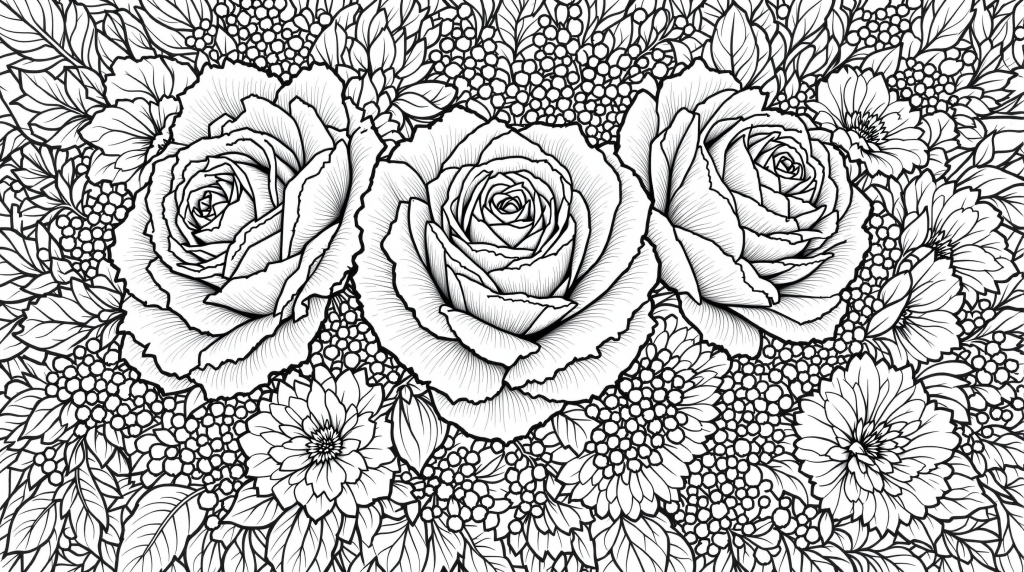 複雑な点描背景パターンを持つ、絡み合うバラと多様な花々を特徴とする精巧な植物画塗り絵ページ。