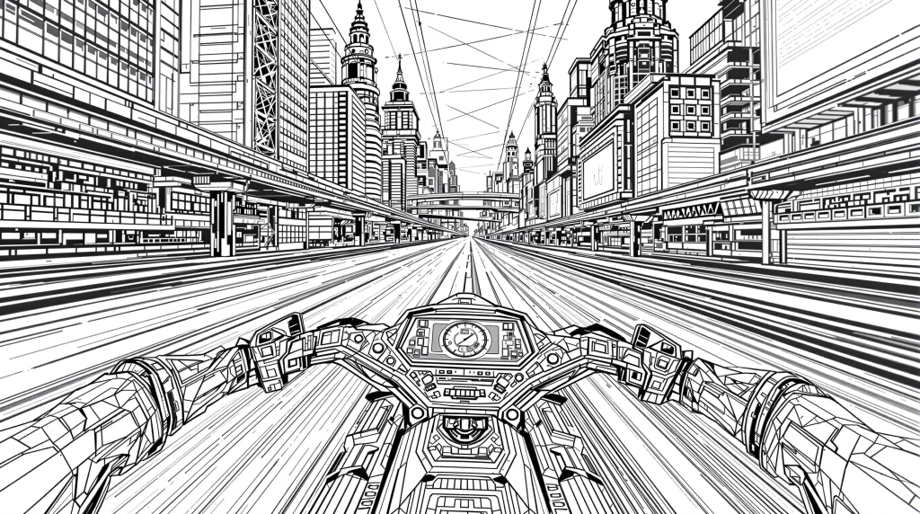 A detailed first-person perspective coloring page of a motorcycle rider speeding through a futuristic mixed-architecture cityscape.