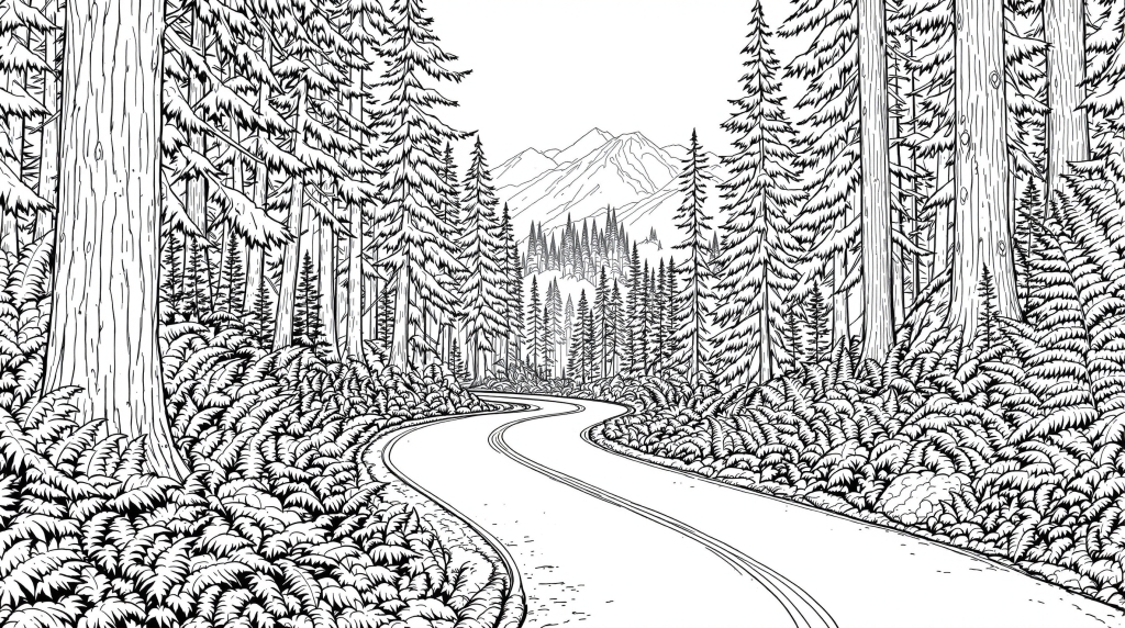 ワシントン州の荒野を縫うように走る山道の塗り絵ページには、詳細な木々とシダが描かれています。