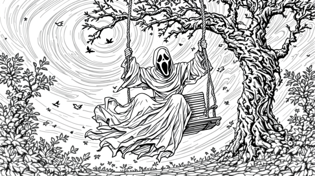 装飾的なブランコに座るスクリーム・キャラクターが複雑な大気要素に囲まれた詳細な塗り絵ページです。