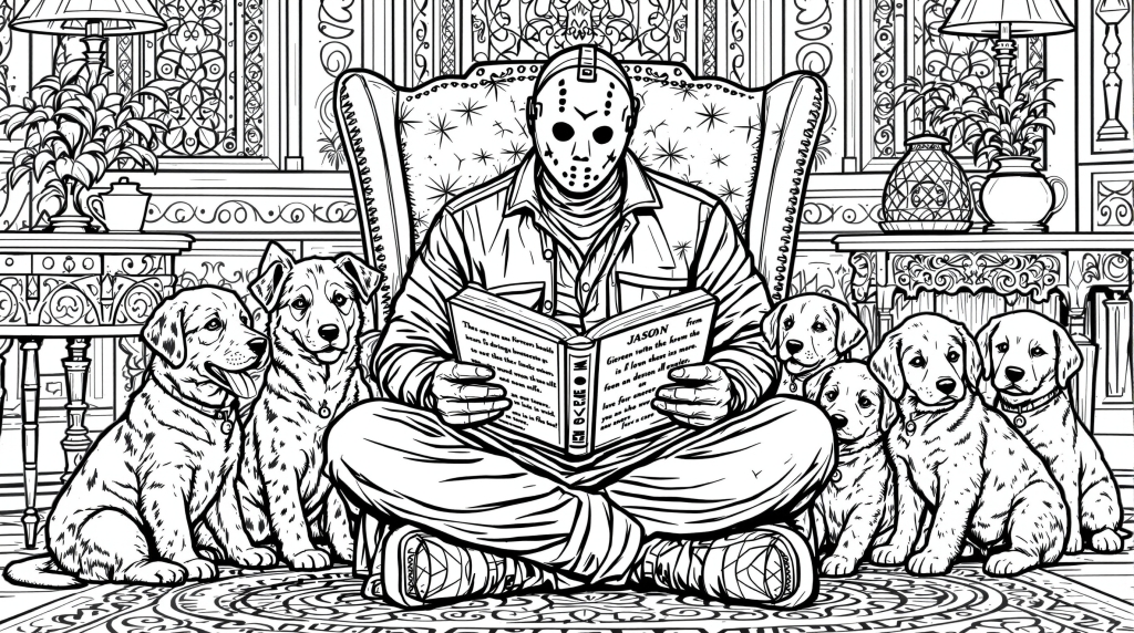 En intrikat färgläggningssida med Jason Voorhees som läser för sex bedårande valpar i en mysig viktoriansk miljö.