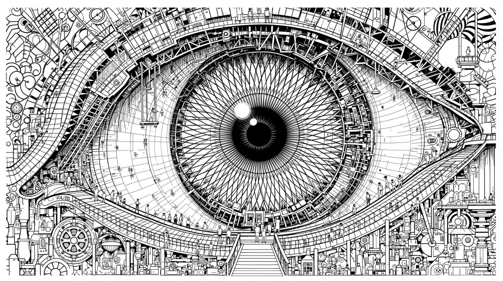 En surrealistisk anatomisk tvärsnitts-färgläggningssida med en gigantisk ögonglob förvandlad till en invecklad teknologisk arbetsplats.