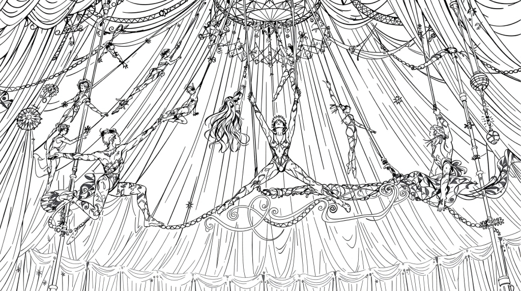 En invecklad trapetsföreställning färgläggningssida med flera akrobater under ett dekorativt cirkustält.