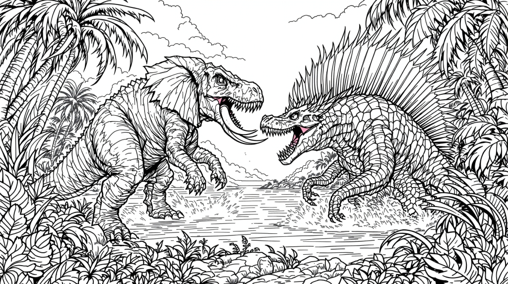 En episk förhistorisk stridsida för färgläggning med T-Rex och Spinosaurus som slåss på en tropisk ö.