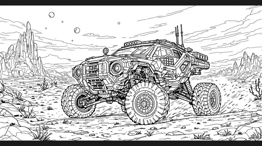Une page de coloriage de monster truck futuriste avec un véhicule tout-terrain avancé naviguant sur une planète alien avec plusieurs lunes.