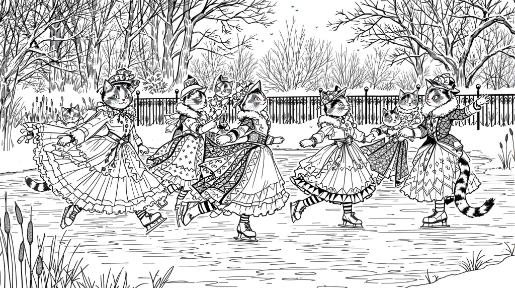 Six chats tricolores en élégants costumes de patinage victoriens glissant gracieusement sur un étang gelé à colorier.