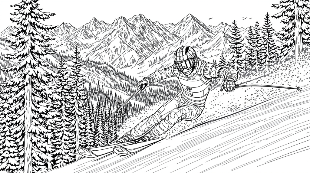 A dynamic downhill skier coloring page features racing action through alpine forest with mountain backdrop.