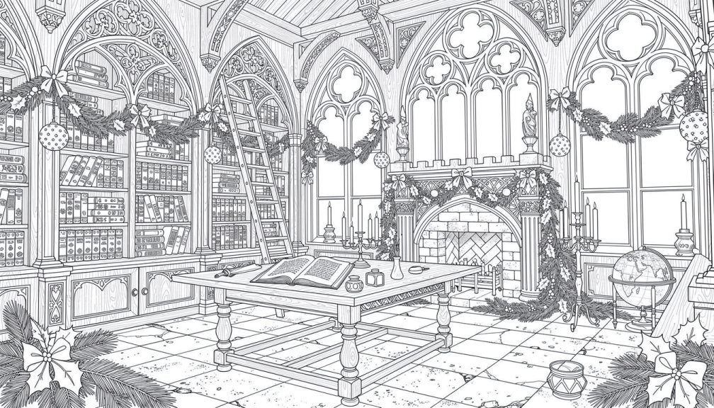 Una biblioteca medieval ornamentada decorada para Navidad con arquitectura gótica y detalles intrincados para colorear avanzado.