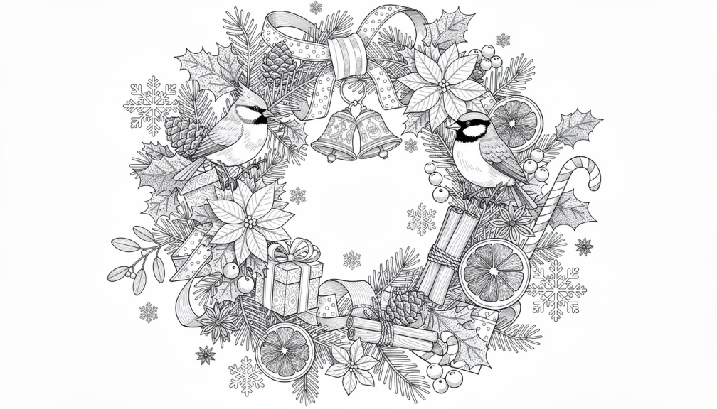 Una página para colorear de corona navideña elaborada con detalles botánicos intrincados, carboneros, adornos y decoraciones festivas.