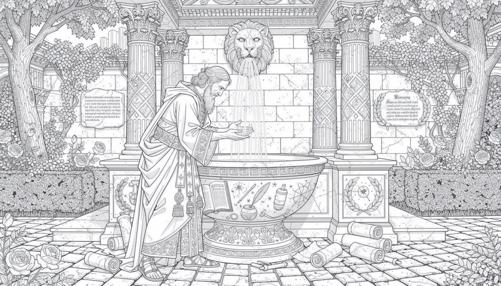 Una sofisticata pagina da colorare in stile rinascimentale con un saggio erudito che studia alla fonte della conoscenza.