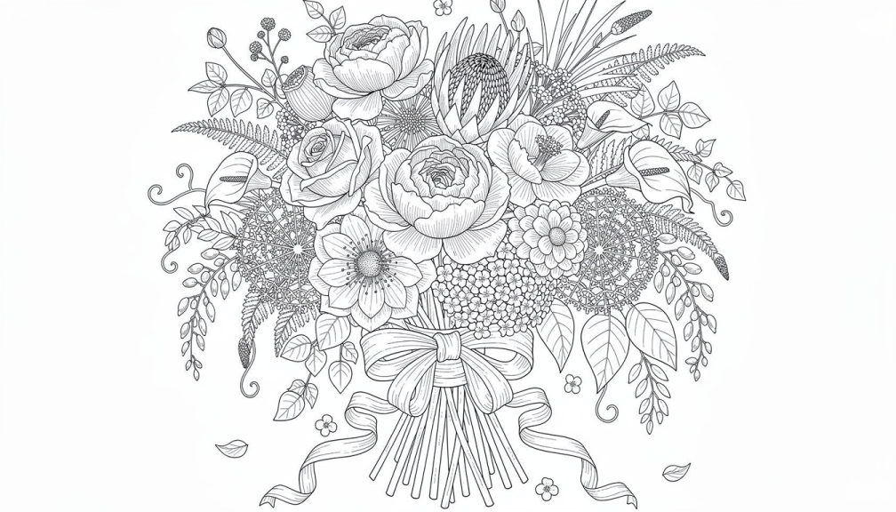 Çok sayıda detaylı çiçek, karmaşık botanik öğeler ve dekoratif kurdele içeren ayrıntılı ve elaborate çiçek buketi boyama sayfası.