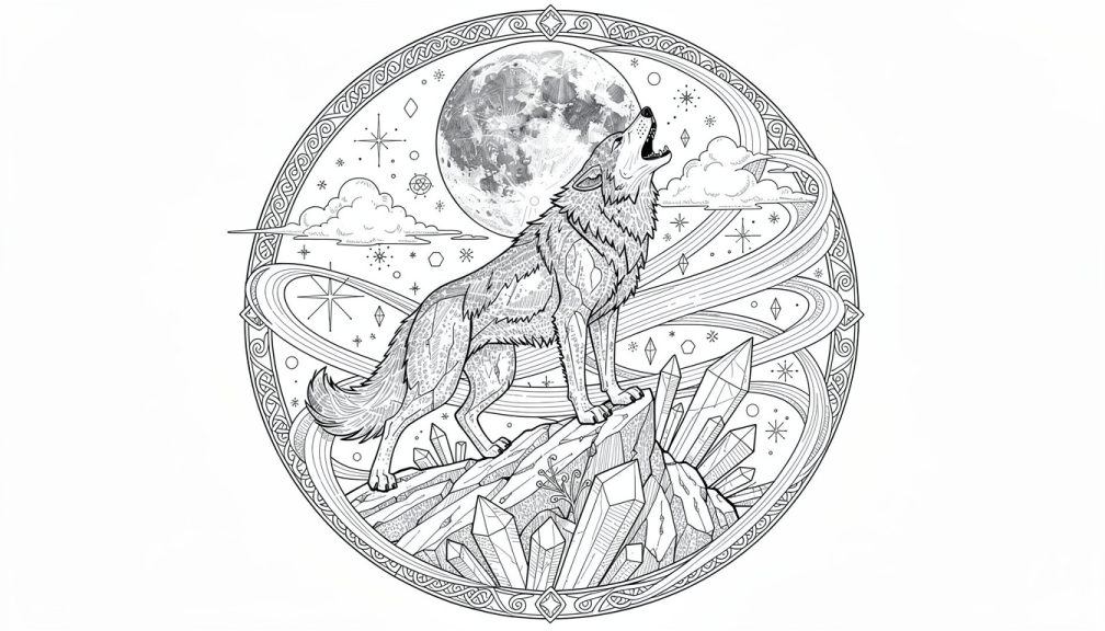 Büyülü bir küre içinde kristal dağ zirvesinden aya uluyan muhteşem bir kurt boyama sayfası.