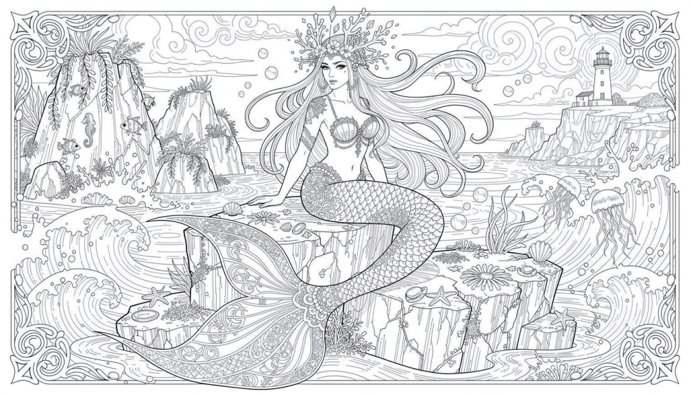 Une sirène élégante aux cheveux flottants et à la queue ornementée repose gracieusement sur des rochers océaniques entourés de cascades et de bordures décoratives.