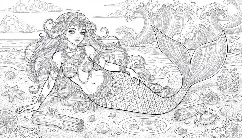 Uma elegante sereia com escamas ornamentais repousa graciosamente em uma praia adornada com conchas, estrelas-do-mar e ondas estilizadas de inspiração japonesa.