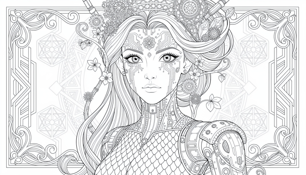 En intrikat humanoide portrett fargeleggingsside med biomekanisk fusjon, Art Nouveau-ornamenter og hellig geometri mønstre.