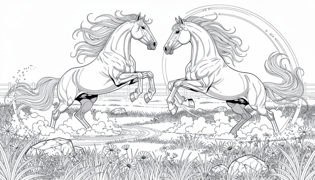 Två majestätiska hingstar som stegrar sig i symmetriska poser nära en dekorativ vattenpöl med detaljerade vilda blommor och ornamental regnbåge.