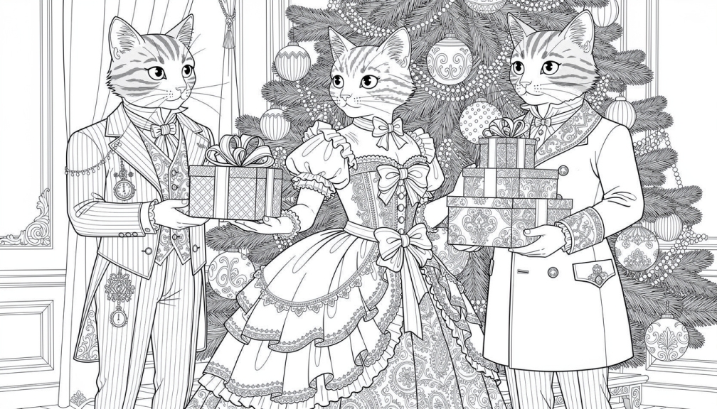 Tre elegant klædte katte i victoriansk påklædning uddeler udsmykkede julegaver i en festlig salon med pyntet træ.