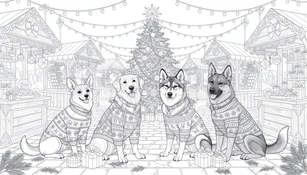 Cztery psy w świątecznych swetrach stoją na tętniącym życiem jarmarku bożonarodzeniowym z ozdobionymi straganami i wspaniałą choinką.
